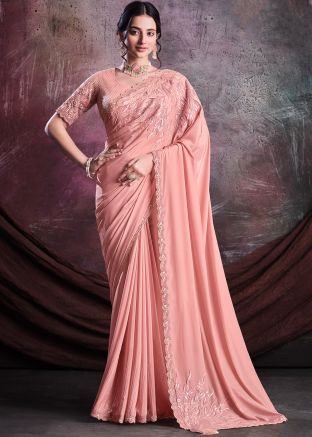 Peach Sequins Embellished Crape Saree