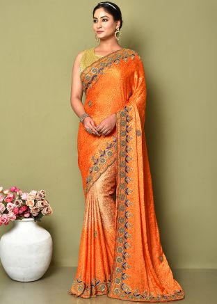 Orange Jacquard Saree In Heavy Border