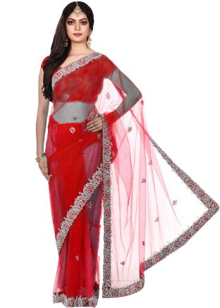 Red Stone Work Saree In Net