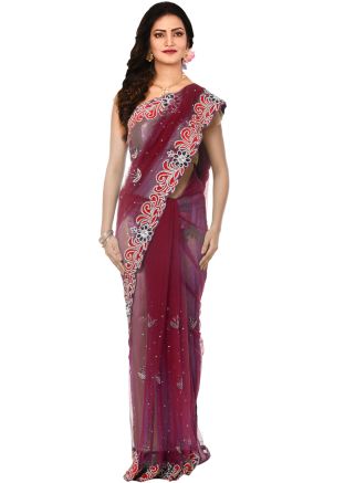 Maroon Net Embroidered Saree