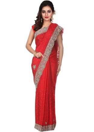 Red Embroidered Saree In Jacquard