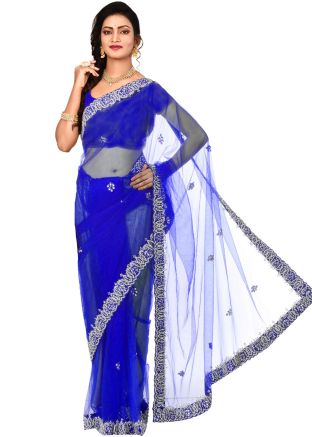 Blue Heavy Border Saree In Net