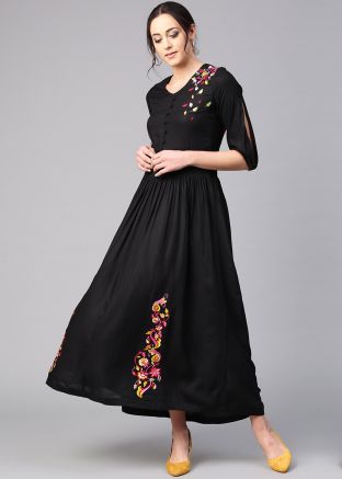 Black Readymade Flared Embroidered Dress