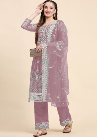 Mauve Pink Embroidered Pant Suit In Net