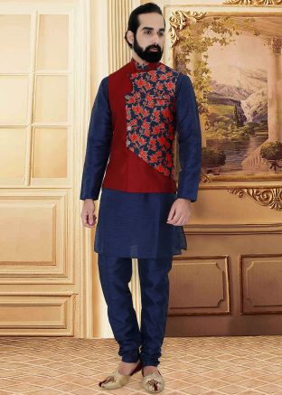 Maroon and Navy Blue Overlapped Woven Nehru Jacket