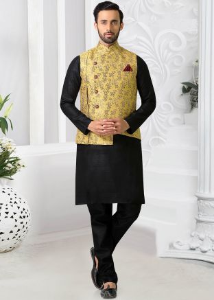 Yellow Floral Woven Asymmetric Nehru Jacket
