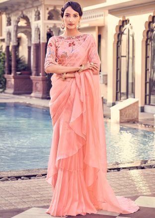 Peach Ruffled Saree In Organza