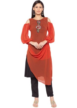 Orange Black Asymmetric Cold Shoulder Kurta