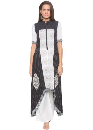 White and Black Printed Asymmetric Long Kurta