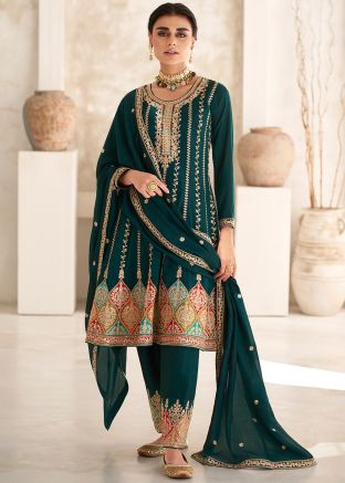 Green Embroidered Pant Suit In Silk
