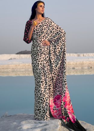 White Printed Satin Saree
