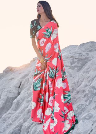 Red Floral Printed Satin Saree