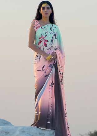 Multicolor Satin Saree In Floral Print