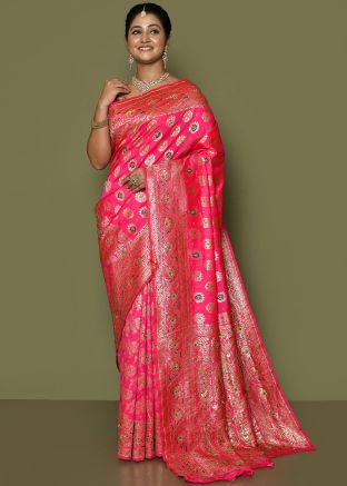 Pink Georgette Zari Woven Saree