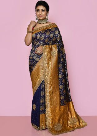 Navy Blue Hand Work Embroidered Saree