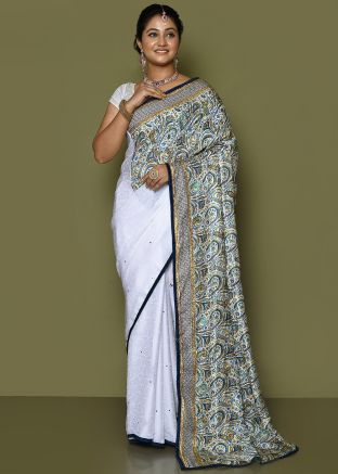 White Printed Pallu Saree In Art Silk