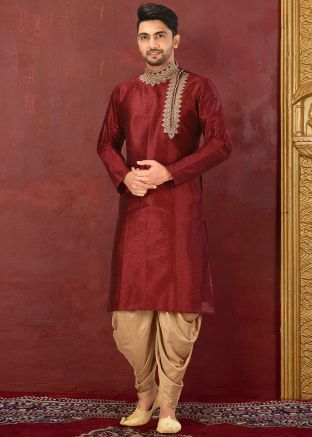 Maroon Readymade Dupion Silk Kurta With Dhoti Pant