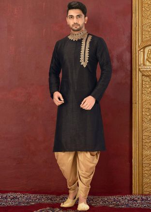 Black Dupion Silk Readymade Kurta Dhoti Set
