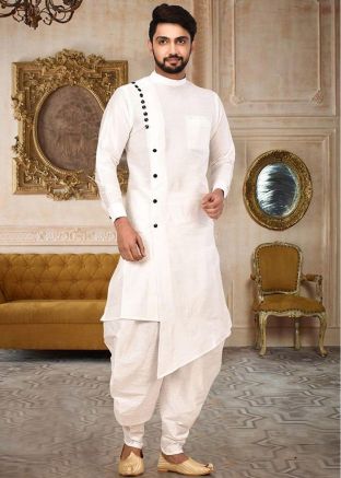Readymade White Asymmetric Kurta With Dhoti
