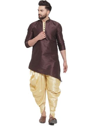 Brown Asymmetric Dupion Silk Kurta Dhoti Set