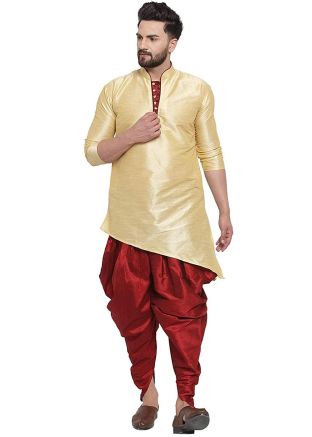 Golden Asymmetric Dupion Silk Kurta Dhoti Pant Set