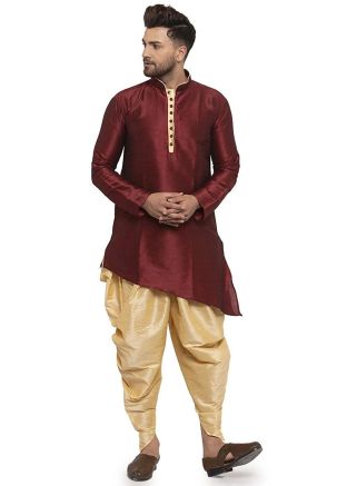 Maroon Dupion Silk Asymmetric Kurta Dhoti Set