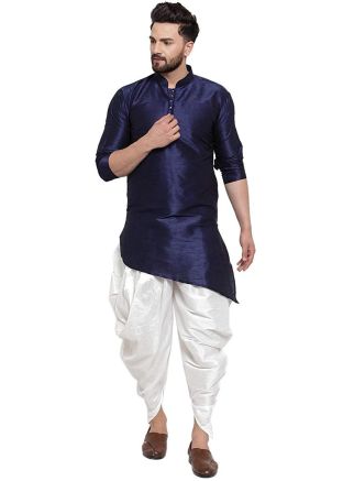 Navy Blue Asymmetric Dupion Silk Kurta With Dhoti