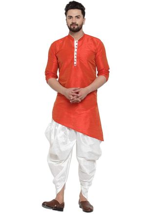 Orange Asymmetric Readymade Kurta With Dhoti