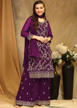 Purple Palazzo Suit In Dori Embroidery