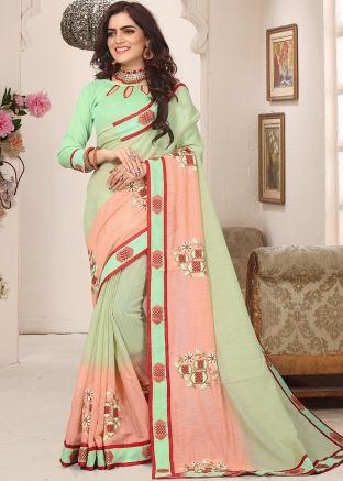 Green & Peach Shaded Embroidered Saree