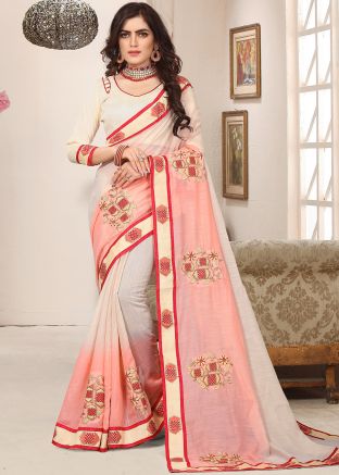 Cream & Peach Embroidered Saree In Shaded