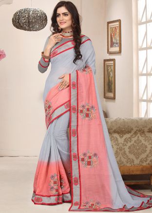 Grey & Peach Embroidered Saree In Cotton Silk