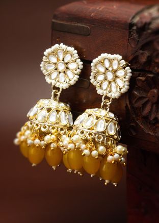 Yellow Alloy Based Kundan Jhumka