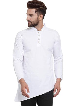 Readymade White Cotton Asymmetric Short Kurta