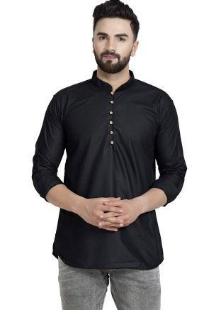 Black Readymade Cotton Short Kurta