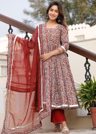 Maroon Floral Print Readymade Anarkali Suit Set
