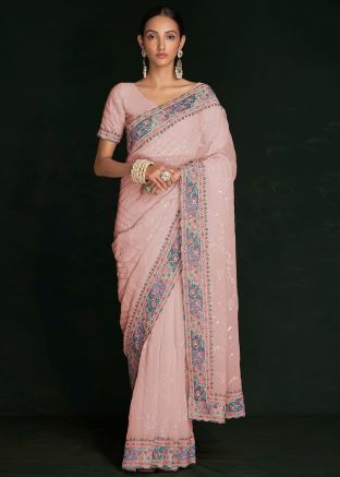 Peach Chikankari Embroidered Saree & Blouse