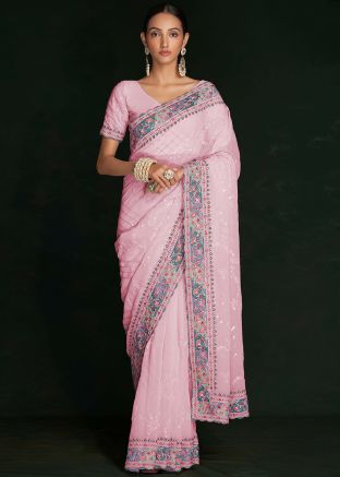 Pink Embroidered Georgette Saree & Blouse