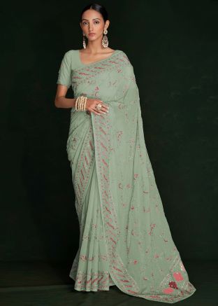 Green Chikankari Embroidered Georgette Saree