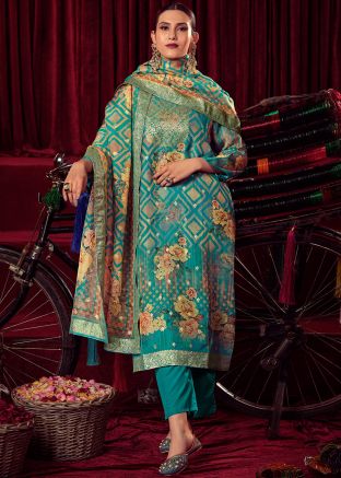 Blue Digital Floral Printed Organza Pant Suit