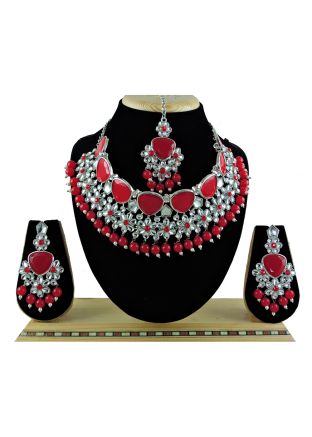 Red Necklace Set & Mangtikka In Kundan Work