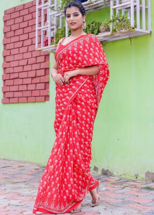 Red Georgette Saree In Digital Print