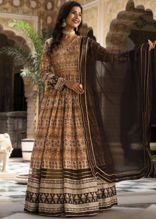 Readymade Brown Digital Print Angrakha Suit