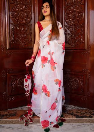 White Organza Saree In Floral Printed