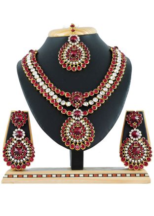 Maroon & White Stone Studded Necklace Set