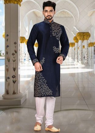 Readymade Navy Blue Embroidered Kurta With Churidar