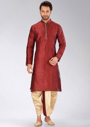 Maroon Dupion Silk Readymade Kurta Dhoti Set