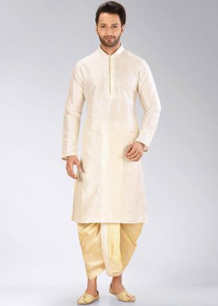 White Dupion Silk Readymade Kurta With Dhoti