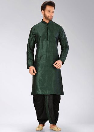 Readymade Green Dupion Silk Kurta Dhoti Set