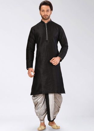 Black Dupion Silk Readymade Kurta With Dhoti